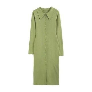 Long-sleeve Collared Button-up Knit Midi Dress