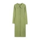 Long-sleeve Collared Button-up Knit Midi Dress