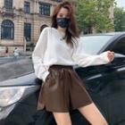 High-waist Faux Leather Split Wide Leg Shorts