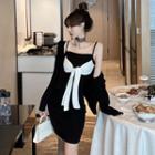 Set: Spaghetti Strap Bow A-line Dress + Cardigan Strap Dress & Cardigan - Black - One Size