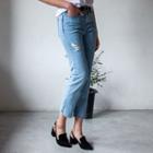 Slit-thigh Washed Straight-cut Jeans