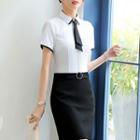 Set: Short-sleeve Blouse + Slim-fit Dress Pants + Mini Pencil Skirt
