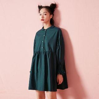 Long-sleeve Gather Cuff Plain Dress