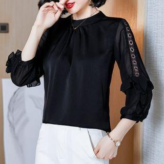 3/4-sleeve Lace Trim Sheer Blouse