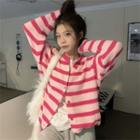 Round-neck Striped Button-up Oversize Cardigan Pink - One Size