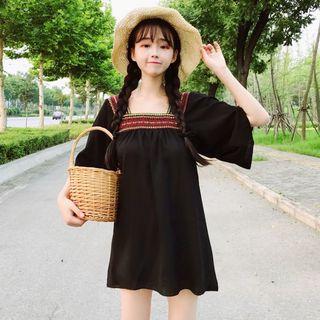 Elbow-sleeve Contrast-trim Mini A-line Dress