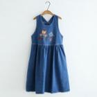 Bear Embroidered Dungaree Dress Blue - One Size