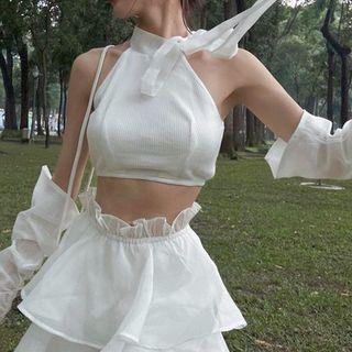 Set: Bow Accent Cropped Halter Top + Arm Sleeves