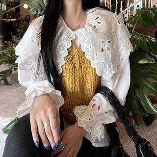 Peter Pan Collar Plain Perforated Loose Fit Shirt / V-neck Plain Chunky Knit Vest