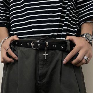 Faux Leather Belt With Cross Accent Black - One Size