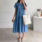 Cap-sleeve Drop-waist Denim Dress Light Blue - One Size