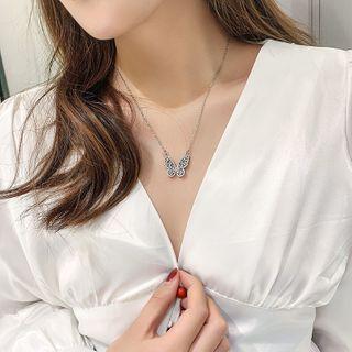 Rhinestone Alloy Butterfly Pendant Necklace Silver - One Size