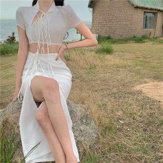 Short-sleeve Stand Collar Crop Top / Slit-side Midi Skirt