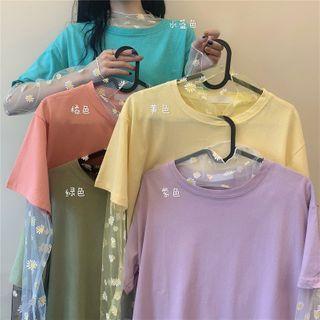 Short-sleeve Plain T-shirt / Long-sleeve Floral Printed Sheer Top