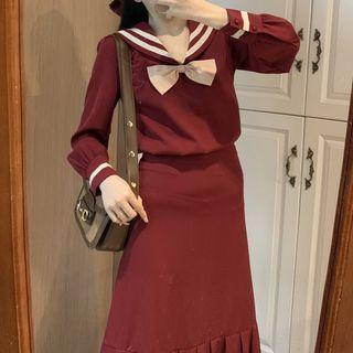 Sailor Collar Blouse / Pleated Midi A-line Skirt / Set