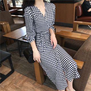 Plaid 3/4-sleeve Wrap Dress
