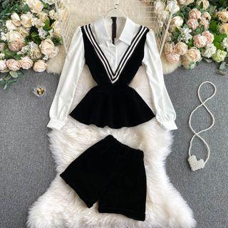 Set Of 2 : Color Block Panel Ruffle Shirt + Wide-leg Shorts