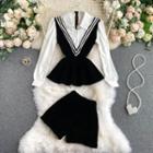 Set Of 2 : Color Block Panel Ruffle Shirt + Wide-leg Shorts