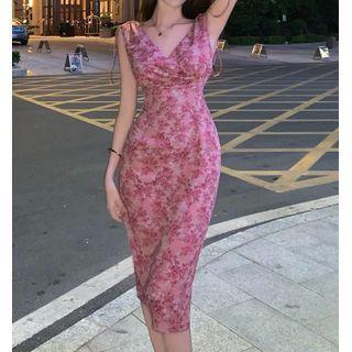 Sleeveless Floral Print Midi Bodycon Dress