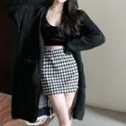 Argyle Mini Pencil Skirt / Cropped Camisole Top / Plaid Panel Cardigan