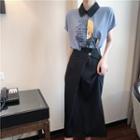 Printed Short-sleeve Collared Top / Irregular Midi A-line Skirt