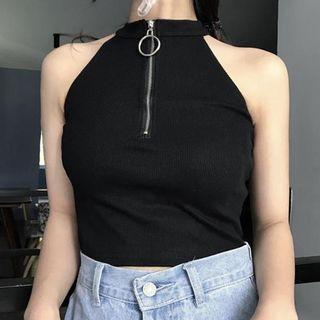 Halter-neck Half-zip Cropped Top