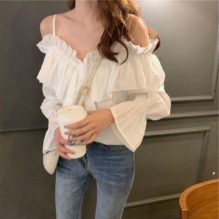 Ruffle Trim Off-shoulder Spaghetti Strap Blouse White - One Size
