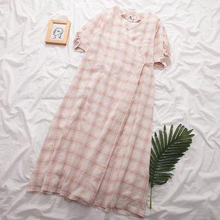 Plaid Short-sleeve Midi Shift Dress Plaid - Almond - One Size