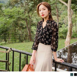 Set: V-neck See-through Floral Blouse + Camisole Top