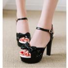Lace Panel Bow Accent High Heel Sandals