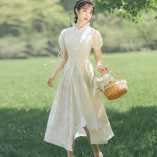 Puff-sleeve Frill Trim Midi A-line Qipao Dress