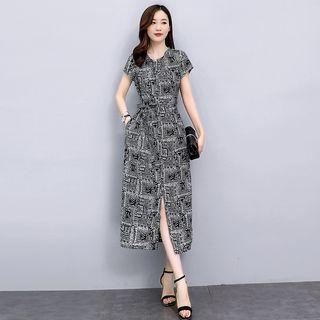 Short-sleeve Printed Slit A-line Dress