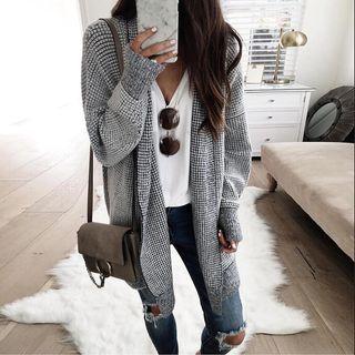 Long-sleeve Plaid Print Light Long Open Jacket
