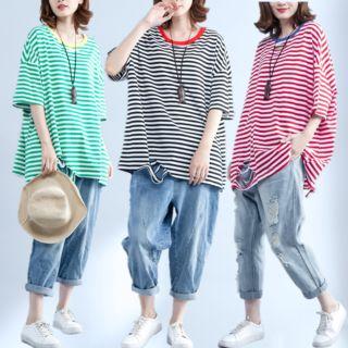 Elbow-sleeve Striped Ripped Oversized T-shirt