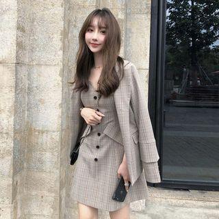 Set: Single-breasted Plaid Blazer + Spaghetti Strap Mini A-line Dress
