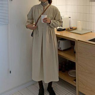 Long-sleeve Drawstring-waist Midi A-line Dress Almond - One Size