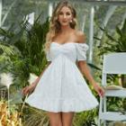 Puff-sleeve Off-shoulder Perforated A-line Dress