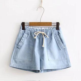 Plain Elastic-waist Washed Denim Shorts