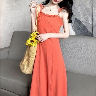 Spaghetti-strap Frill Trim Midi Dress Tangerine - One Size