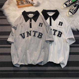 Short-sleeve Lettering Polo Collar T-shirt