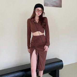 Plain Irregular Crop Top / Plain Drawstring Split Midi Skirt