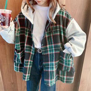 Plaid Panel Button Hoodie