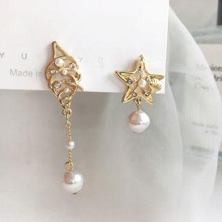 Non-matching Alloy Star Shell Faux Pearl Dangle Earring