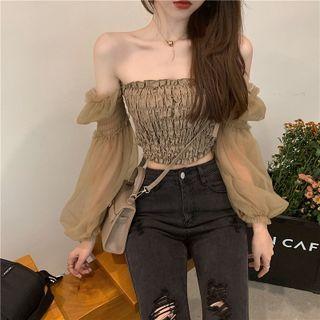 Mesh Panel Off-shoulder Cropped Blouse