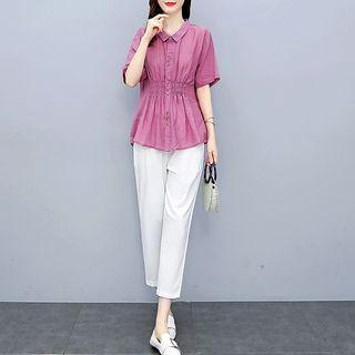Set: Short-sleeve Linen Blouse + Dress Pants