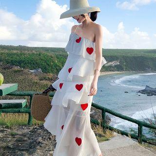 Heart Applique One-shoulder Tiered Midi Dress