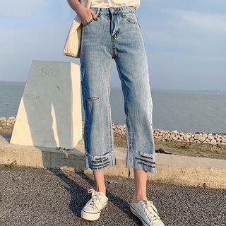 Letter Embroidered Cropped Wide-leg Jeans