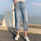 Letter Embroidered Cropped Wide-leg Jeans