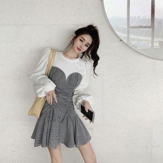 Puff-sleeve Mock Two-piece Plaid Mini Dress