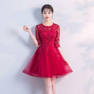 Lace Panel Elbow-sleeve A-line Cocktail Dress / Evening Gown